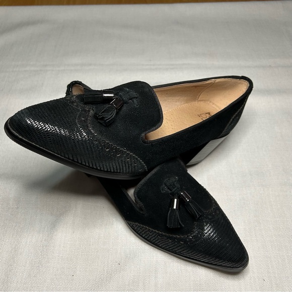 MODA Block Heel Loafers with Tassles in Black Suede Leather - Picture 5 of 5